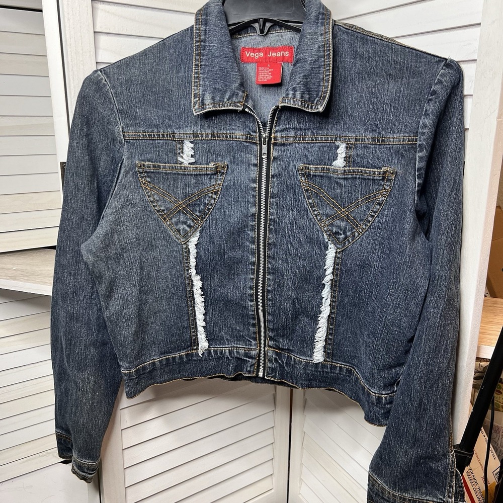 Vtg Vega Jeans Women's JUNIOR Lg Denim Jacket Zip Front Frayed Cropped‎ *1 FLAW